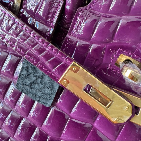 LEATHER INSIDE & OUT Purple Arch Bead 30 BK High Gloss Croc 3D Emboss Satchel B1 - Picture 5 of 16